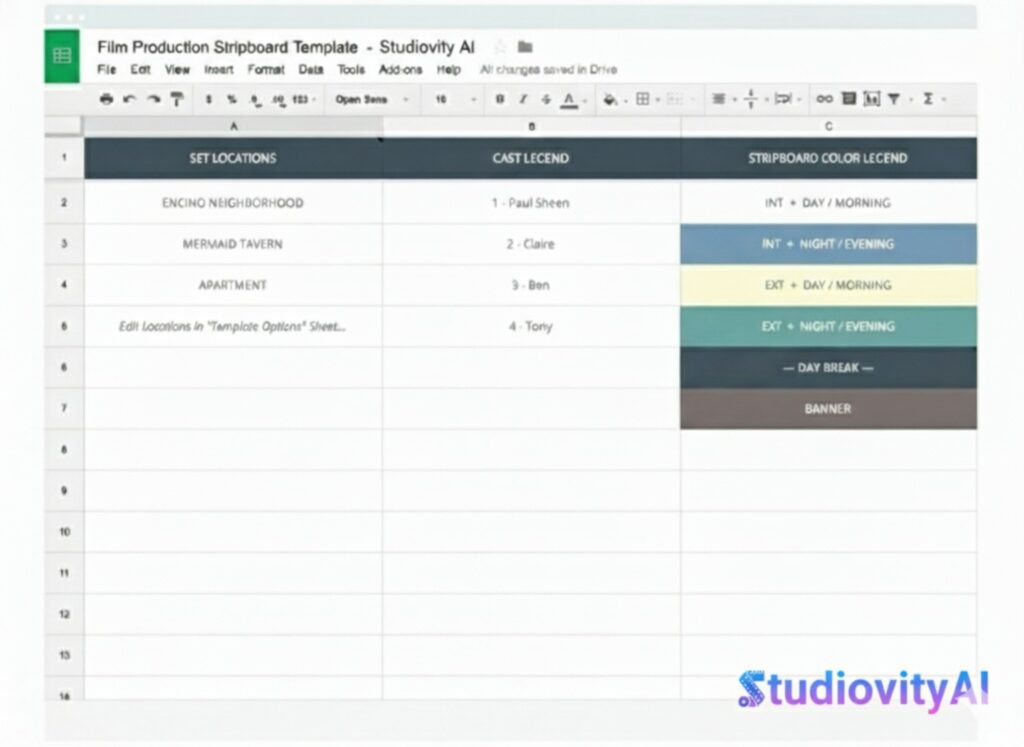 Film production stripboard template showing location, cast legend and color-coded scenes by Studiovity AI