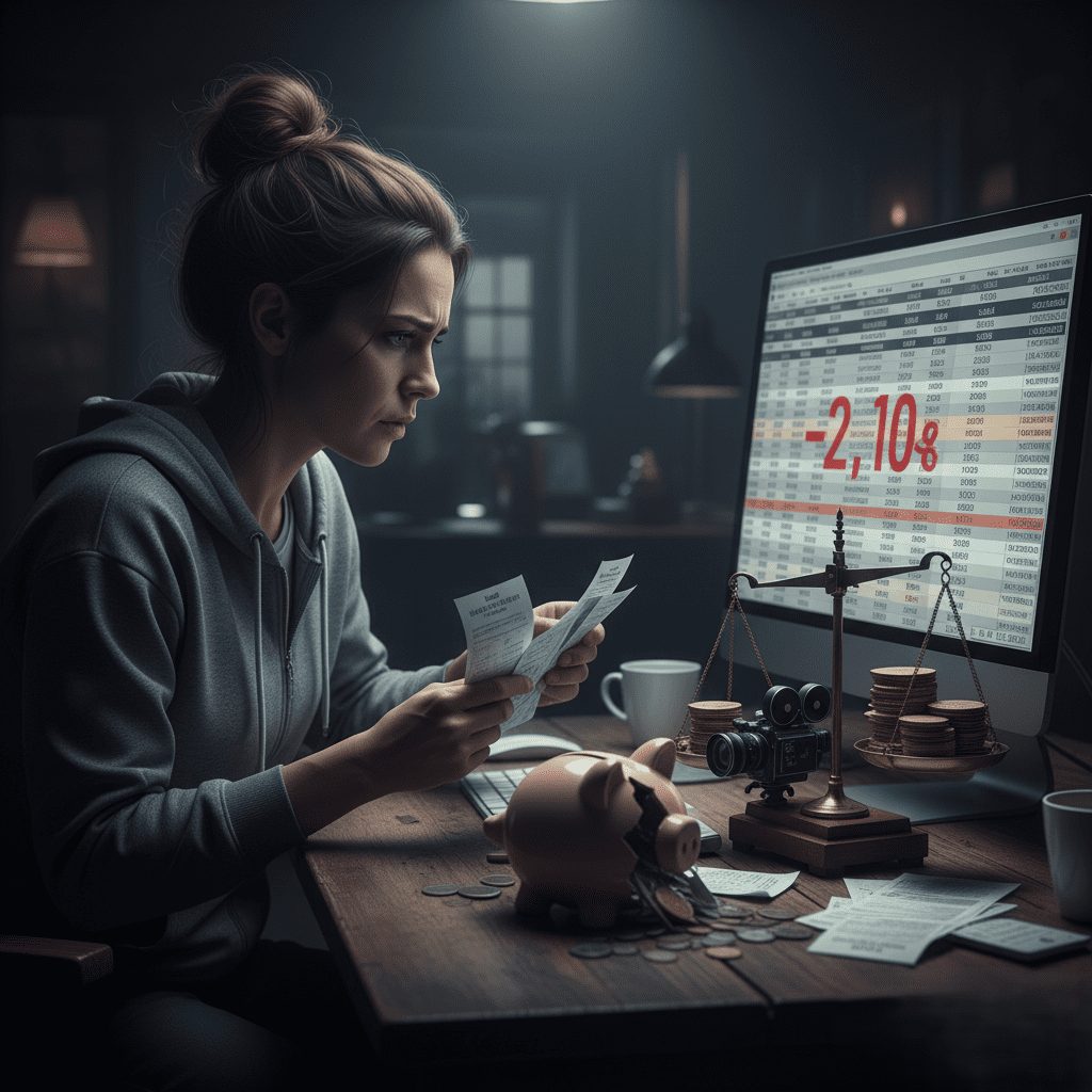 A woman intensely scrutinizes receipts at a desk, with a broken piggy bank spilling coins, a small scale balancing money against miniature film equipment, and a computer screen showing financial spreadsheets with negative figures.