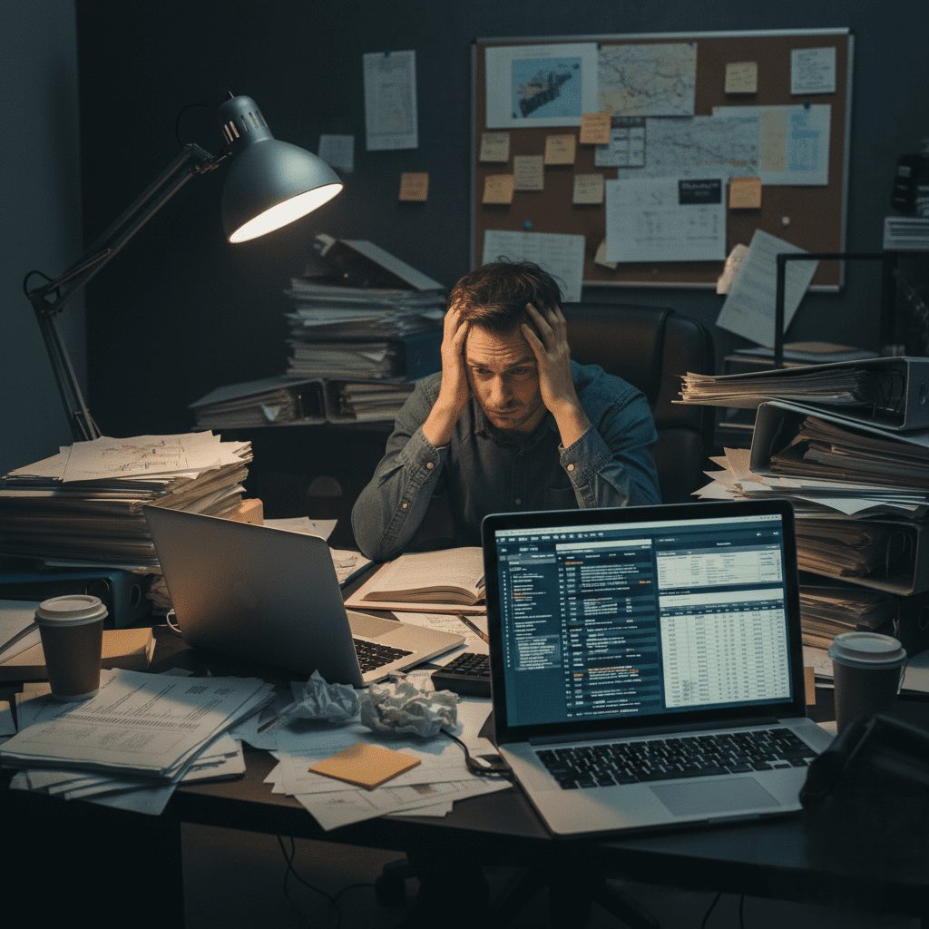 A man sits hunched at a cluttered desk, head in hands, surrounded by stacks of paper, two laptops displaying complex data, and coffee cups, looking overwhelmed and stressed. The scene is dimly lit by a desk lamp, suggesting late-night work.