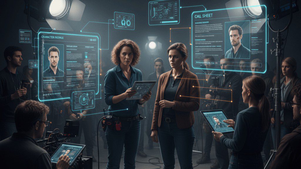 An image depicting a film set with various crew members (director, AD, camera op, actors) actively communicating, possibly with digital tablets showing synchronized character profiles or call sheets, emphasizing seamless information flow.