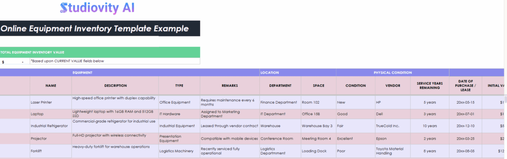 equipment inventory template