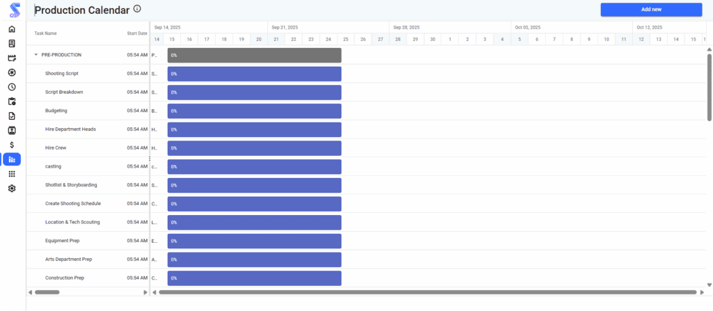 Studiovity production calendar interface displaying a Gantt chart view for tracking film milestones, pre-production tasks, and shooting schedules.