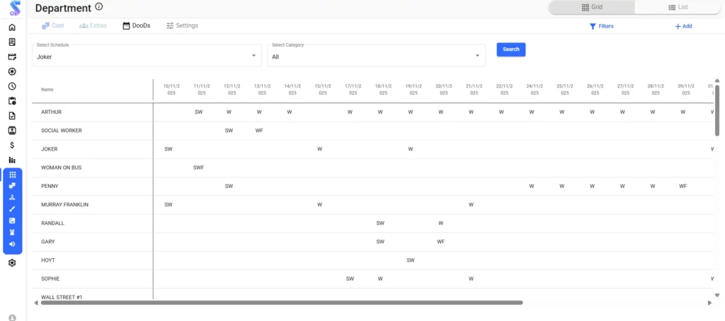 Studiovity film scheduling software interface displaying a digital Day Out of Days view within the Department module, tracking cast work dates for characters like Arthur and Joker.