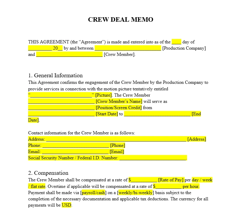 A standard crew deal memo template document showing highlighted fields for agreement date, production company, crew member name, position, start date, contact info, and compensation rate.