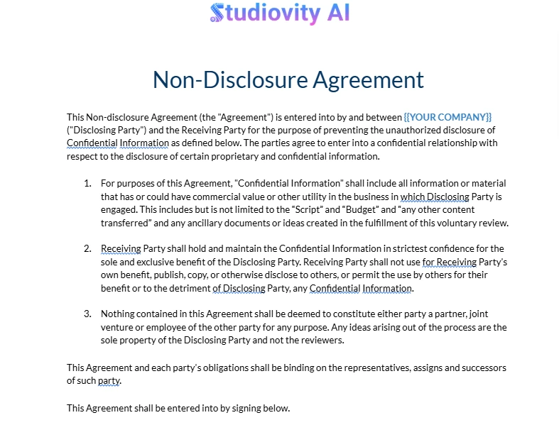 Studiovity AI film production NDA template free download preview showing legal clauses that protect confidential scripts and budgets.