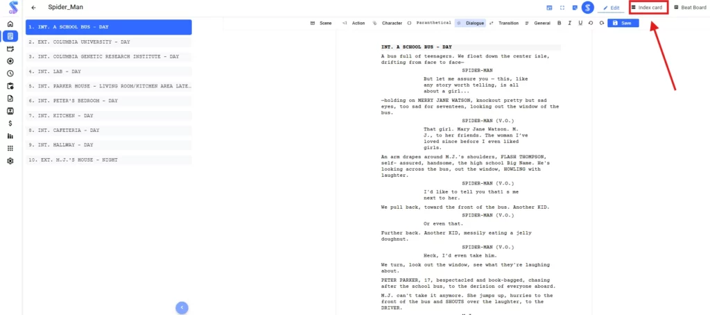 Studiovity professional screenwriting software interface with a red arrow highlighting the Index Card button for organizing scenes.