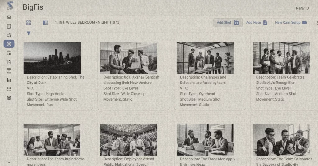 Studiovity AI storyboard and shot list interface showing scene descriptions and generated visuals, serving as modern pre production software.