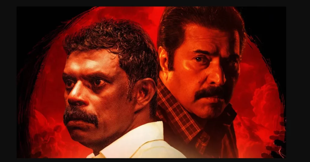 A promotional poster for the movie 'Kalamkaval' featuring a split intense close-up of actors Vinayakan on the left and Mammootty on the right, set against a dramatic red smoky background.