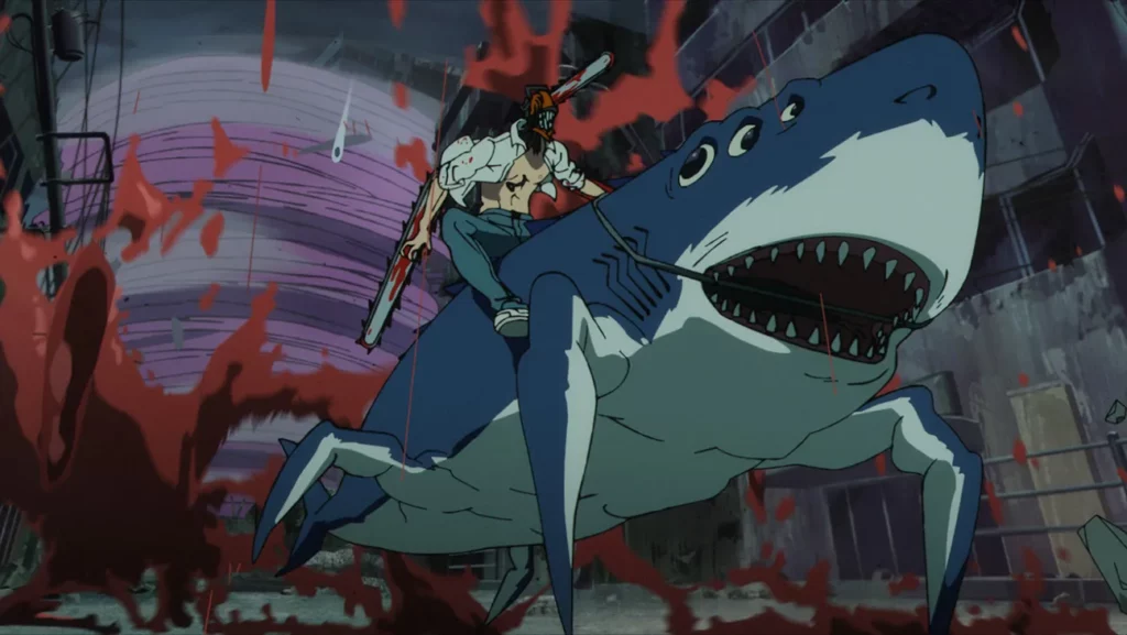 A dynamic action scene from the Chainsaw Man movie featuring Denji riding the Shark Fiend, Beam, amidst a chaotic battle, showcasing high-budget anime production quality.