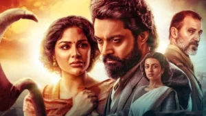 Theatrical poster for the Devil movie featuring Nandamuri Kalyan Ram, Samyuktha Menon, and the ensemble cast, highlighting the period costumes and dramatic production design.