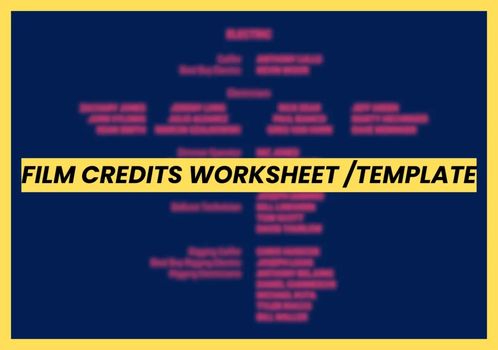 Graphic banner for a free film credits worksheet template featuring a yellow title bar over a blurred movie credits background.