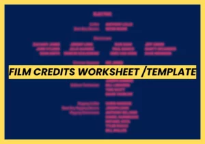 Graphic banner for a free film credits worksheet template featuring a yellow title bar over a blurred movie credits background.