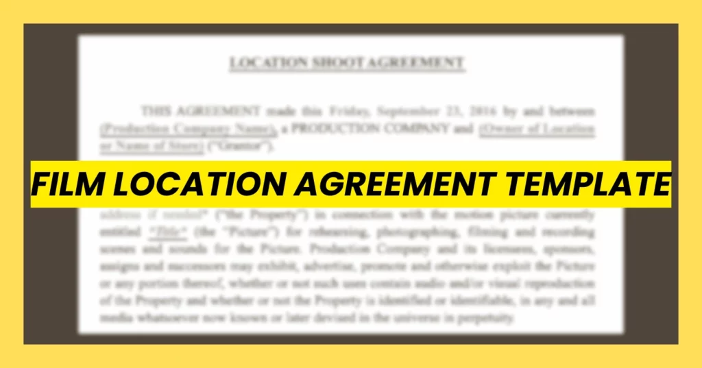 Cover image for a film location agreement free template download featuring a document background and bold title text.