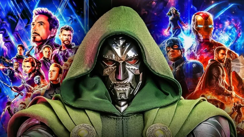 Close-up of Doctor Doom's metal mask with a green hood, set against a background of Avengers characters like Iron Man, Thor, and Captain America for the Avengers Doomsday production blog.