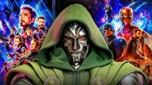 Close-up of Doctor Doom's metal mask with a green hood, set against a background of Avengers characters like Iron Man, Thor, and Captain America for the Avengers Doomsday production blog.