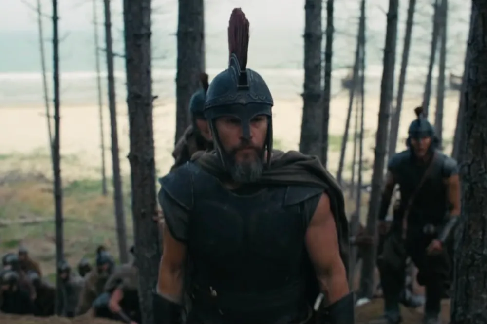Greek soldiers marching through a forest in armor, epic war scene inspired by Homer’s The Odyssey
