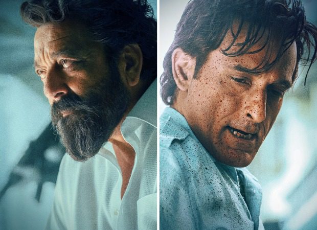 Dhurandhar movie still showing intense character moments from the crime thriller drama Sanjay Dutt and Akshaye Khanna