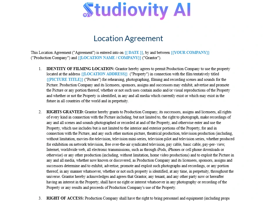 Studiovity AI film location agreement free template document showing identity of filming location and rights granted clauses with customizable fields.