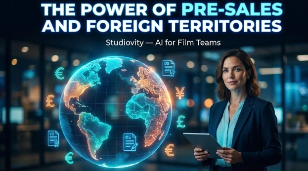 Professional woman holding a tablet in front of a glowing digital globe showing currency symbols, illustrating the power of pre-sales and foreign territories as independent film financing strategies.