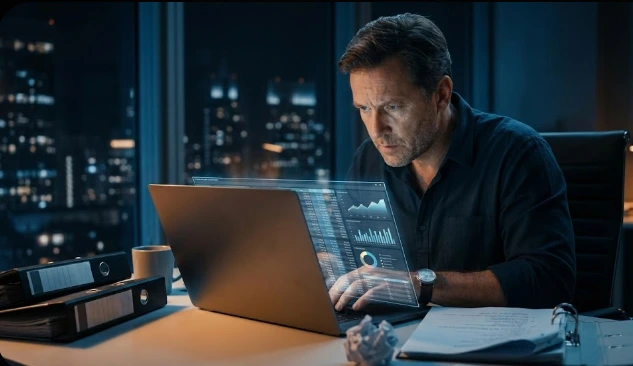 Focused film producer working late on a laptop with a holographic interface displaying financial data and charts, planning independent film financing strategies.