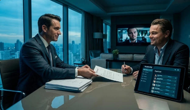 Two film executives in a high-end office discussing a contract, with a tablet displaying a cast list on the table, representing the importance of packaging and cast attachments in independent film financing strategies.