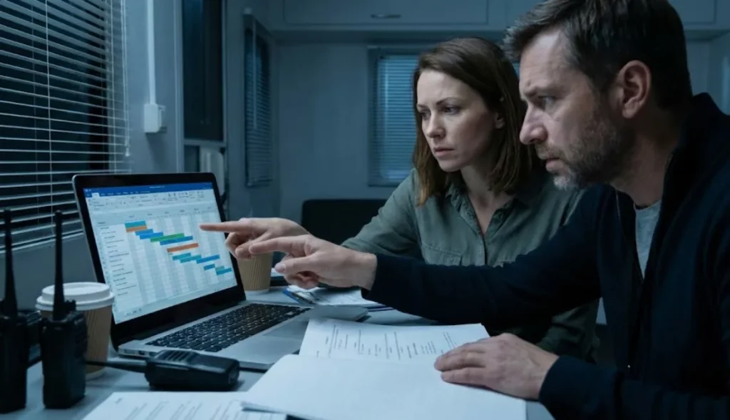 A line producer and director analyzing a digital film production schedule on a laptop to identify and solve scheduling conflicts.
