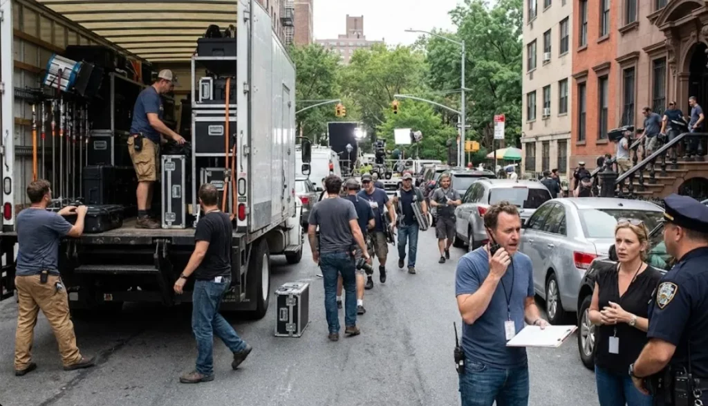 A film crew managing logistics and equipment trucks during a company move on a city street location.