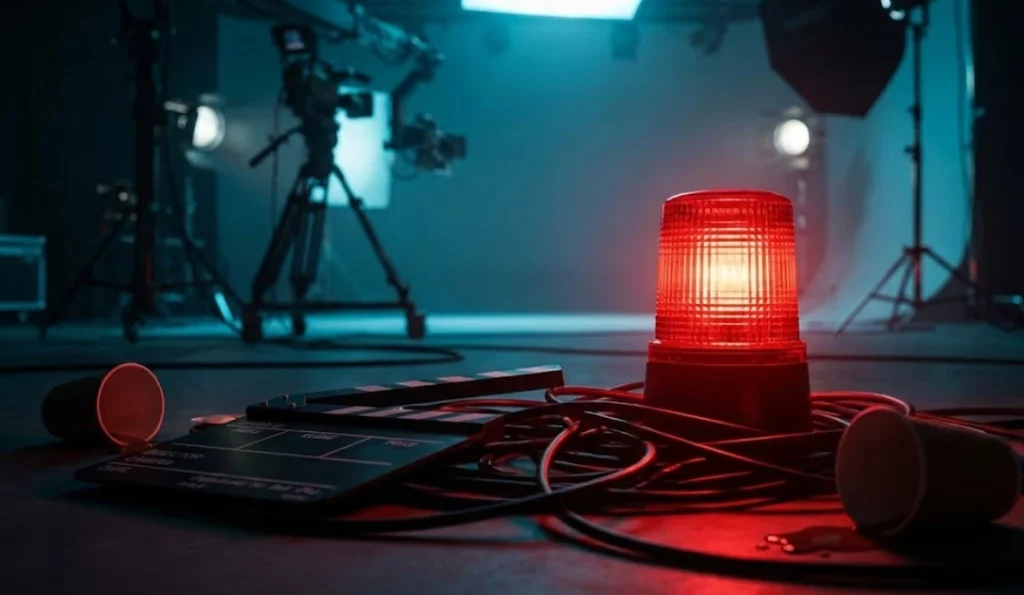 A cinematic view of a chaotic film set floor featuring a flashing red warning light, tangled cables, a clapperboard, and spilled coffee cups, illustrating common production errors and safety hazards to avoid.