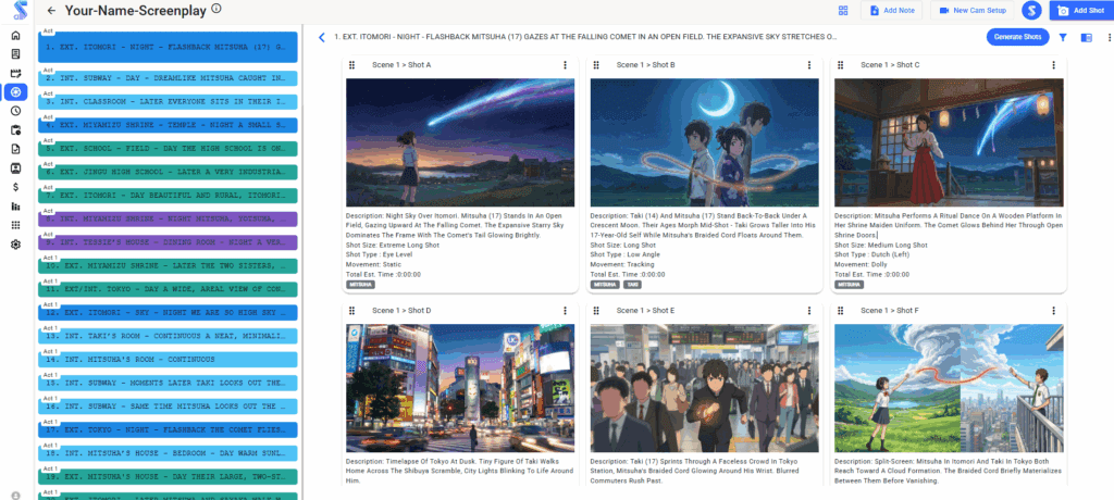 Studiovity AI interface displaying the breakdown of the Your Name 2016 script PDF on the left and AI-generated storyboard panels of the comet and characters on the right.