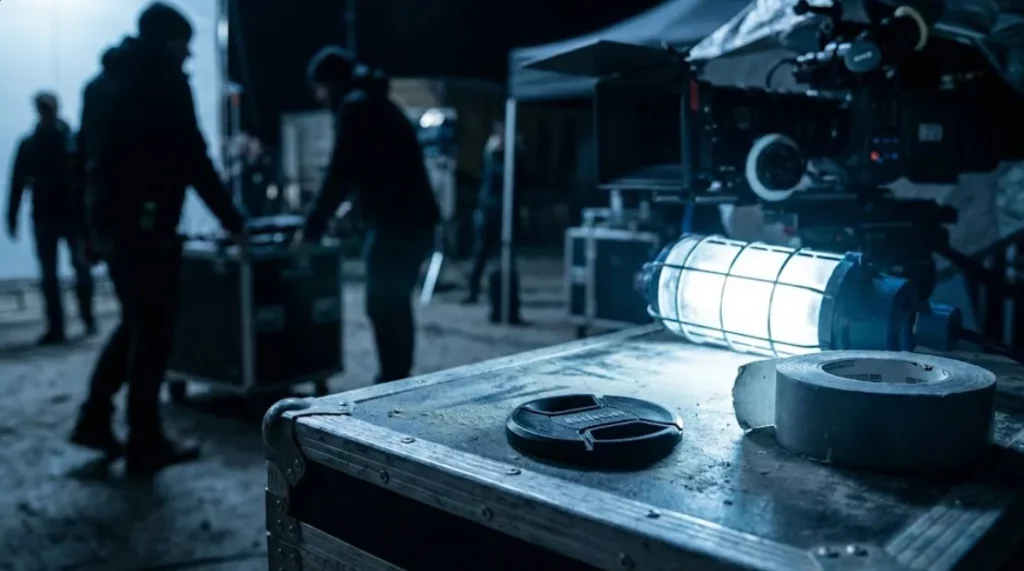 A film set during a night shoot with crew members working in the background and a work light illuminating a flight case in the foreground, representing the granular costs of production.