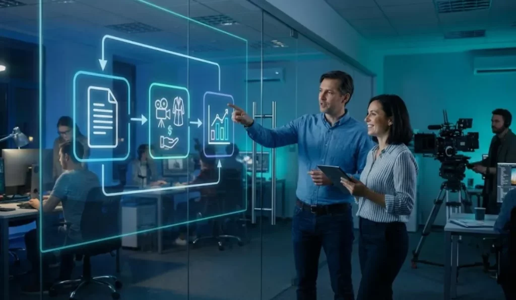 Two film professionals standing in a modern office, looking at a futuristic glass display showing a flow chart that connects a script icon to assets and then to a budget graph, illustrating an automated production workflow.