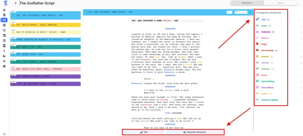 Studiovity interface showing an AI script breakdown in action, with the "Generate Elements" button highlighted and a sidebar displaying automatically tagged categories like Cast, Props, and Sound.