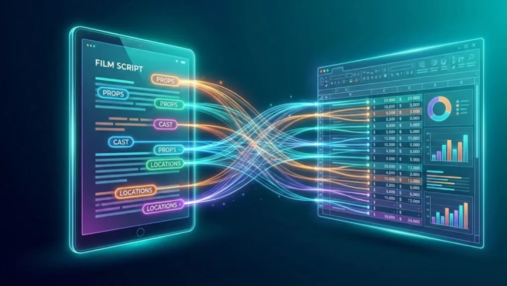 A digital illustration showing data flowing seamlessly from a script on a tablet to a budget spreadsheet, representing the integration of AI script breakdown with scheduling and budgeting.