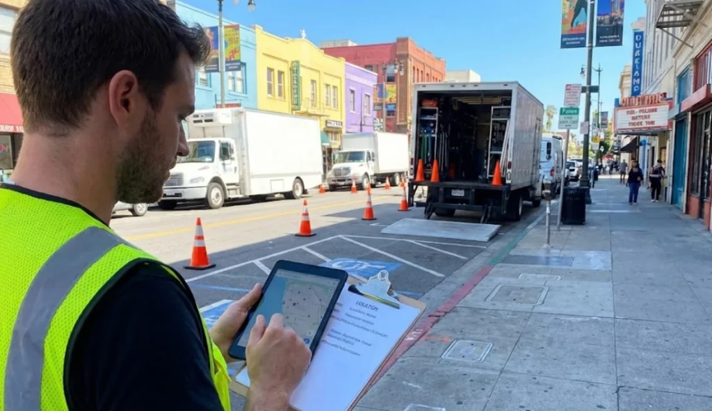 A production crew member checking digital maps and parking locations on a tablet to ensure accurate addresses for a multi-location shoot.