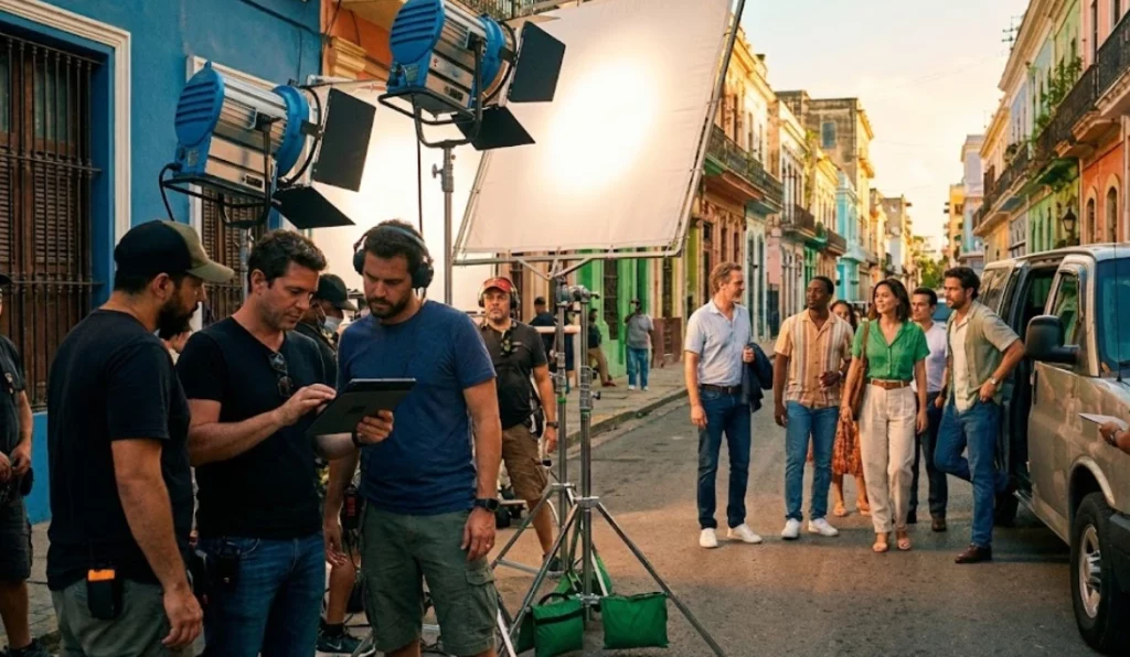 A 1st Assistant Director managing a film crew on a city street using a digital tablet for creating call sheets for multi-location shoots.