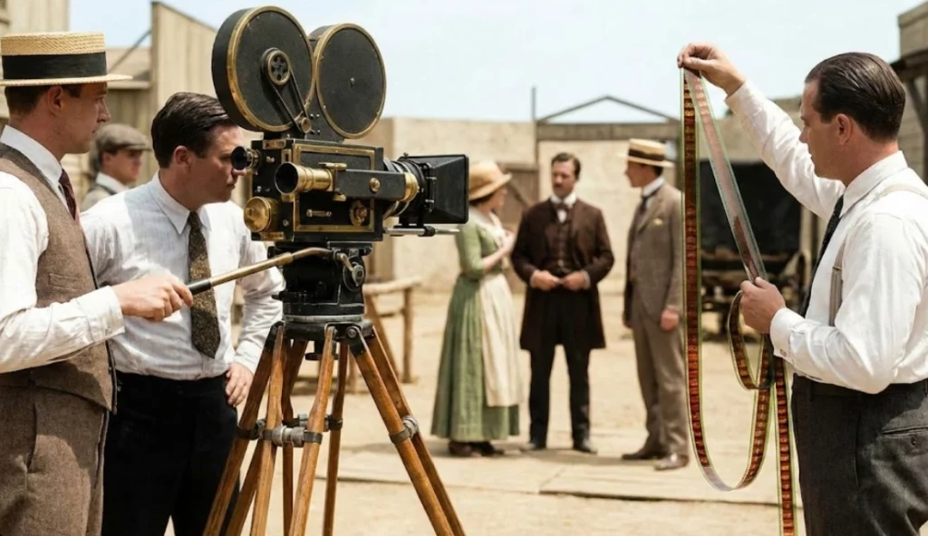 A 1930s film crew standing outdoors next to a massive Technicolor three-strip camera on a wooden tripod, with a technician inspecting a strip of film.