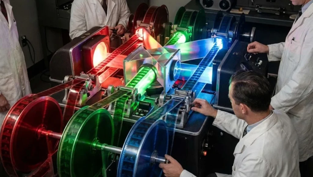 A vintage Technicolor optical printer processing three separate film strips dyed red, green, and blue to create a full-color image.