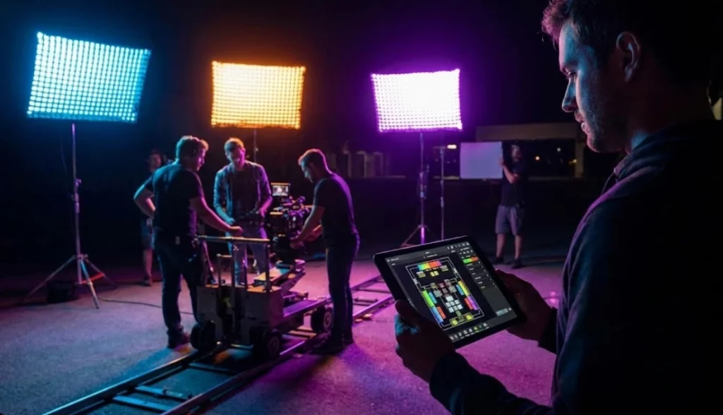 A film crew sets up colorful LED panels during an overnight production while a director uses a tablet to pre-visualize lighting physics, illustrating advanced night film shoot tips.