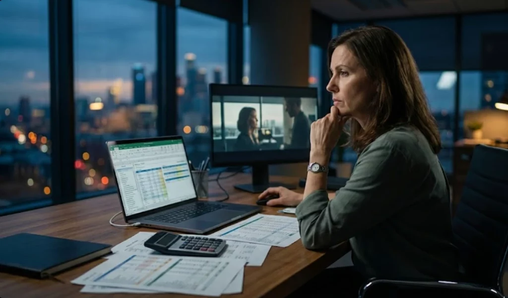A commercial producer analyzing a movie budgeting spreadsheet and casting ROI on a laptop in a modern office at night.