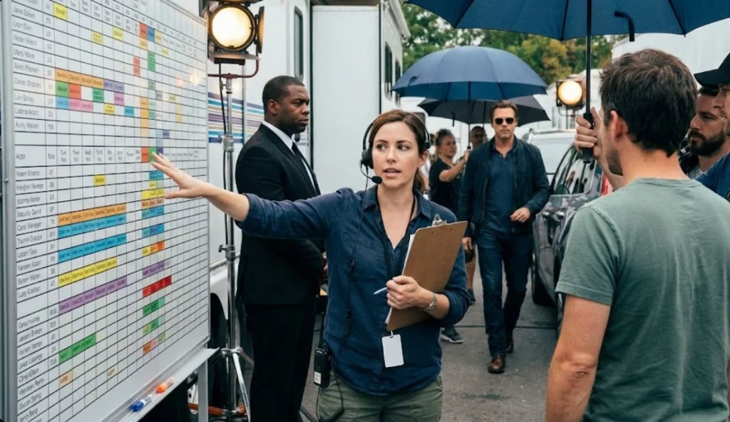 A line producer managing a complex shooting schedule on a busy commercial film set with crew members and equipment.