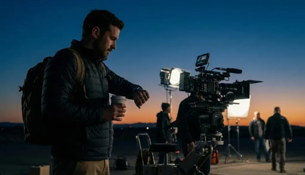 A male film crew member wearing a backpack and holding a coffee cup checks his wristwatch with a concerned expression during an early morning or sunset shoot. In the background, other crew members work around a camera crane and lighting equipment against a twilight sky.