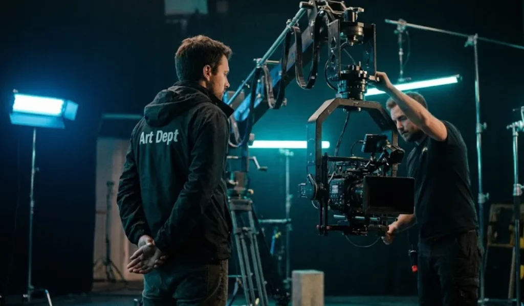 Two film crew members standing on a dark studio set. One, wearing a jacket labeled "Art Dept," stands with hands clasped behind his back, respectfully observing another crew member adjusting a large professional camera mounted on a jib arm, illustrating the "don't touch" rule.