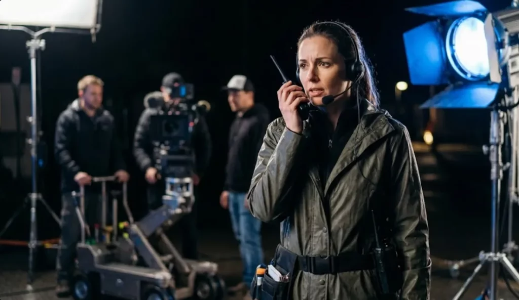 A female crew member, likely an Assistant Director, wearing a headset and holding a walkie-talkie to her mouth, communicating instructions on a dimly lit film set. In the background, other crew members stand near a camera dolly and lighting equipment.