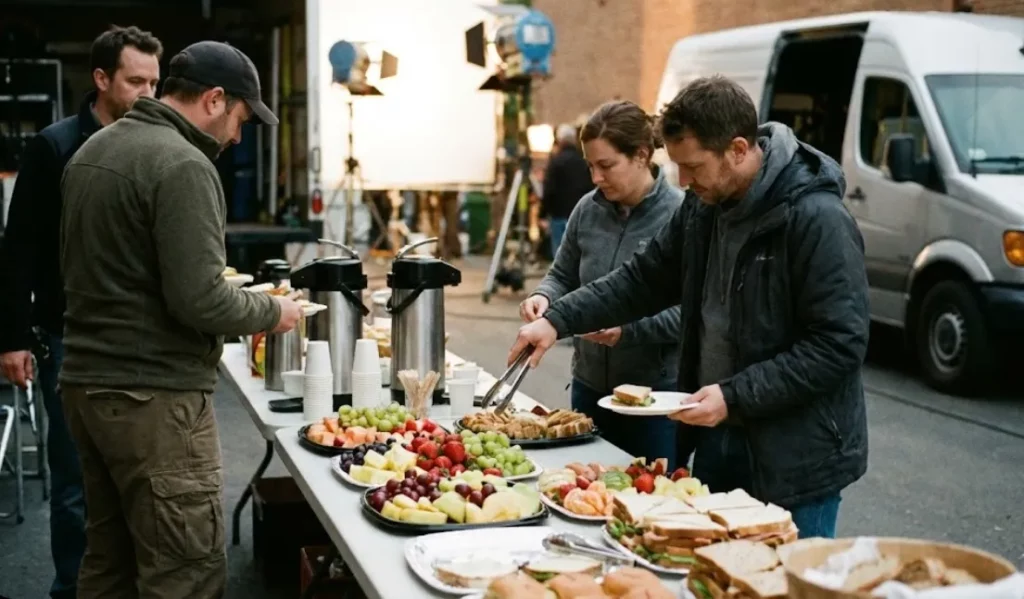 A group of film crew members serving themselves food at a craft services table outdoors near production trucks. The table is laden with sandwiches, fruit platters, coffee dispensers, and snacks, depicting a meal break on set.