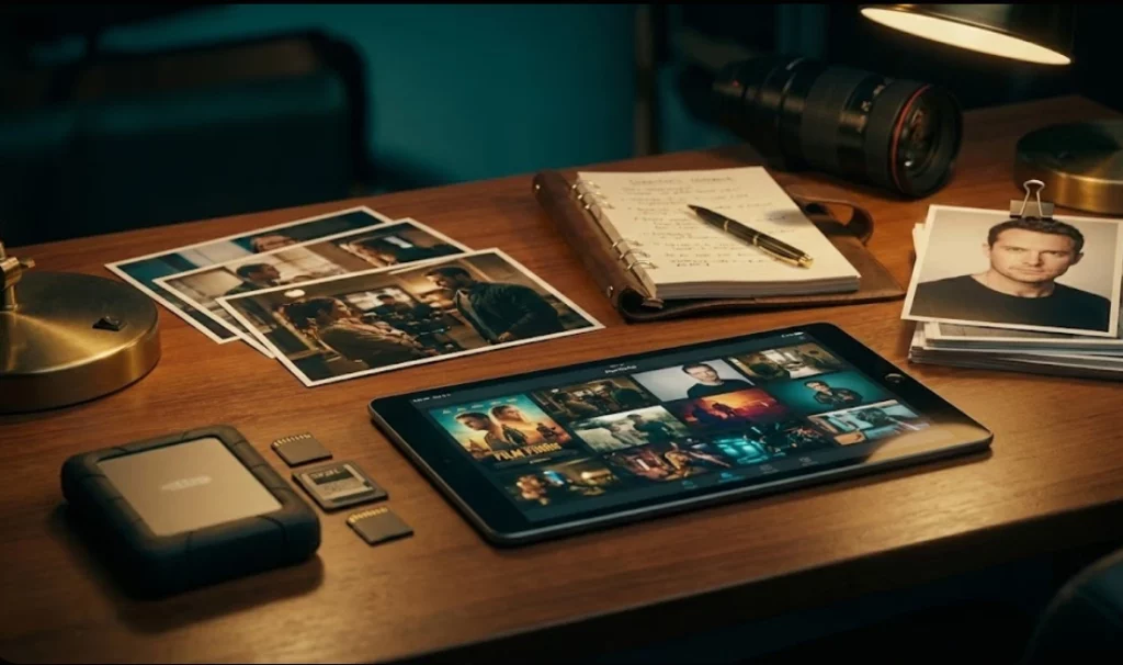 A cinematic close-up of a film producer's desk featuring a tablet displaying a digital Electronic Press Kit interface, surrounded by cast headshots, a script notebook, and hard drives for organizing film assets.
