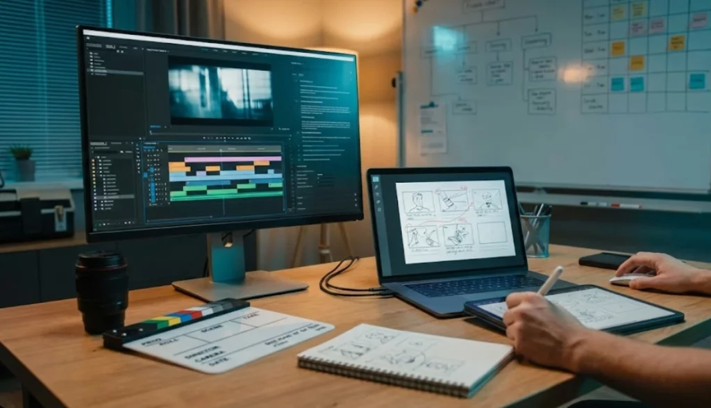 A professional film editing workspace showing a timeline on a large monitor and digital storyboards on a laptop, illustrating how pre-production data is organized for an Electronic Press Kit.