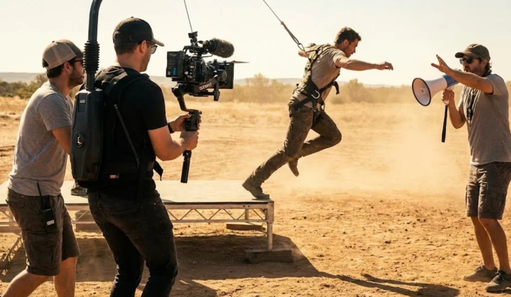 A film crew filming an action sequence outdoors, featuring a stunt performer jumping from a platform while a camera operator with a gimbal rig follows the movement and a director gives instructions with a megaphone.