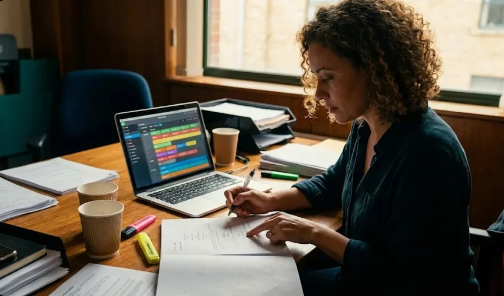 A line producer performing a digital script breakdown on a laptop using Studiovity software alongside a paper script.