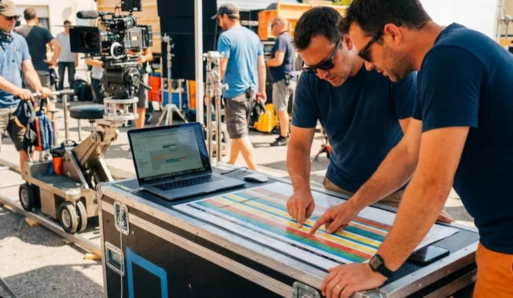 Two film producers reviewing a shooting schedule on a stripboard and laptop during an outdoor film shoot to demonstrate how to plan a film movie.