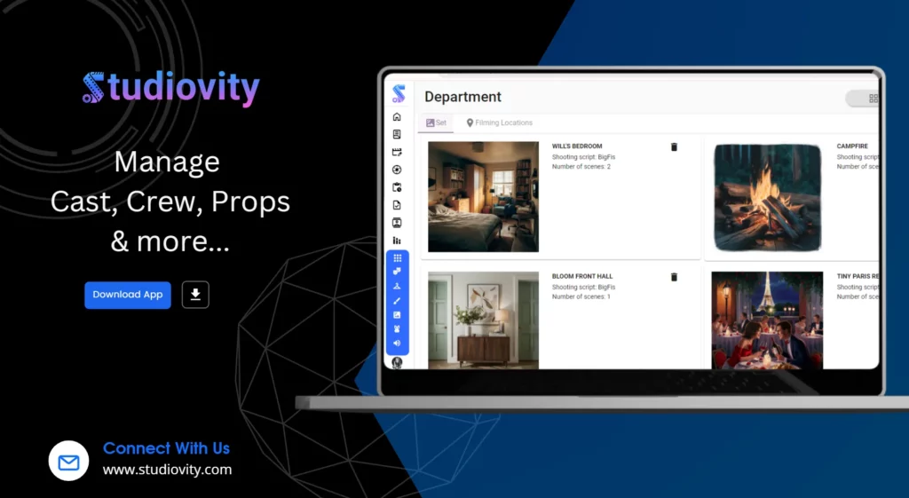 Studiovity film production software interface displayed on a laptop, showing the Department module for managing cast, crew, and props with a download call to action.